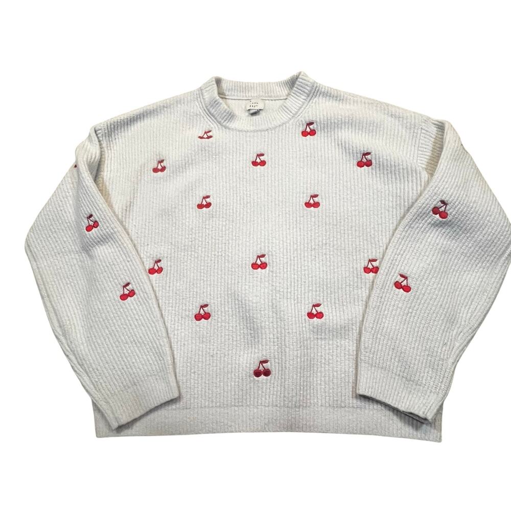 A New Day Cherry Embroidered Sweater Women Large Cottagecore Coquette Cream